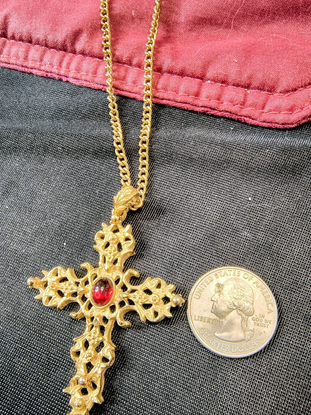 Vintage Avon Ornate Gothic Cross Pendant Necklace Red Glass Cabochon 22 Inch